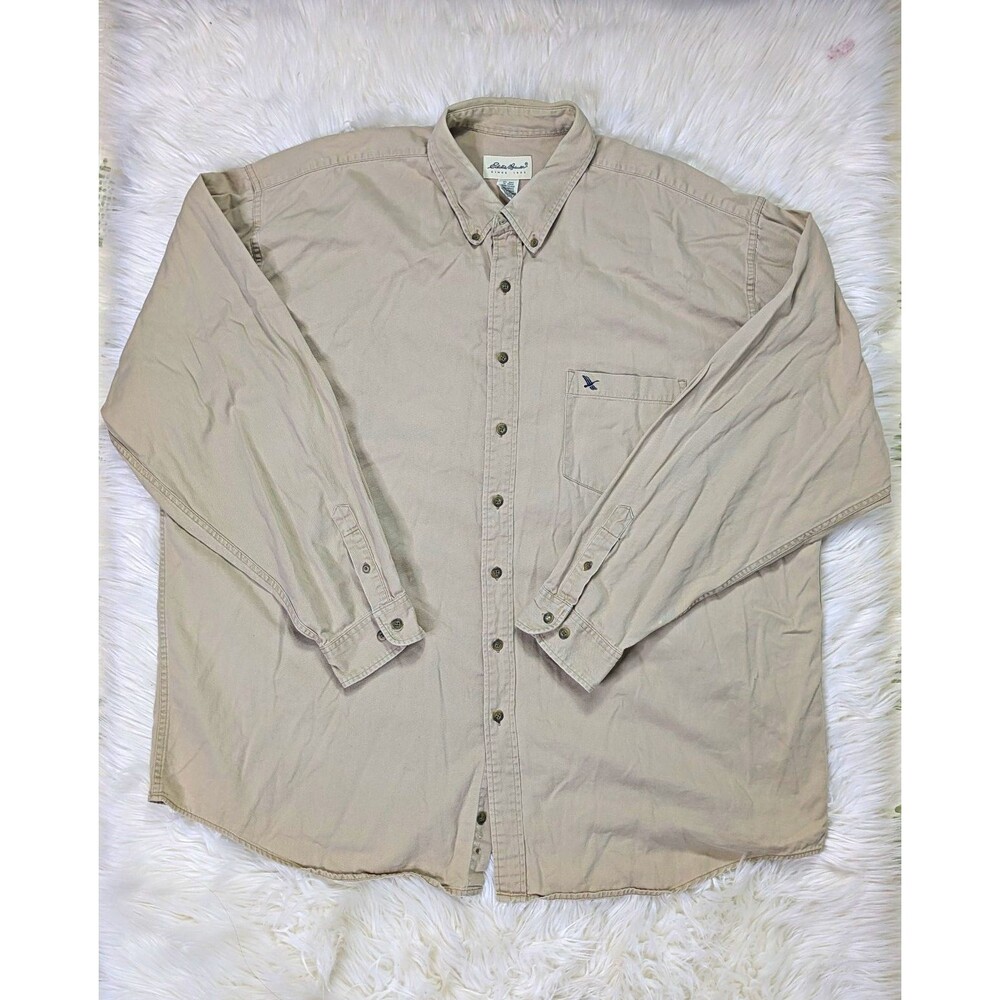 Eddie Bauer Mens 2XL Beige Cotton Twill Button Down Shirt Gorpcore Outdoor